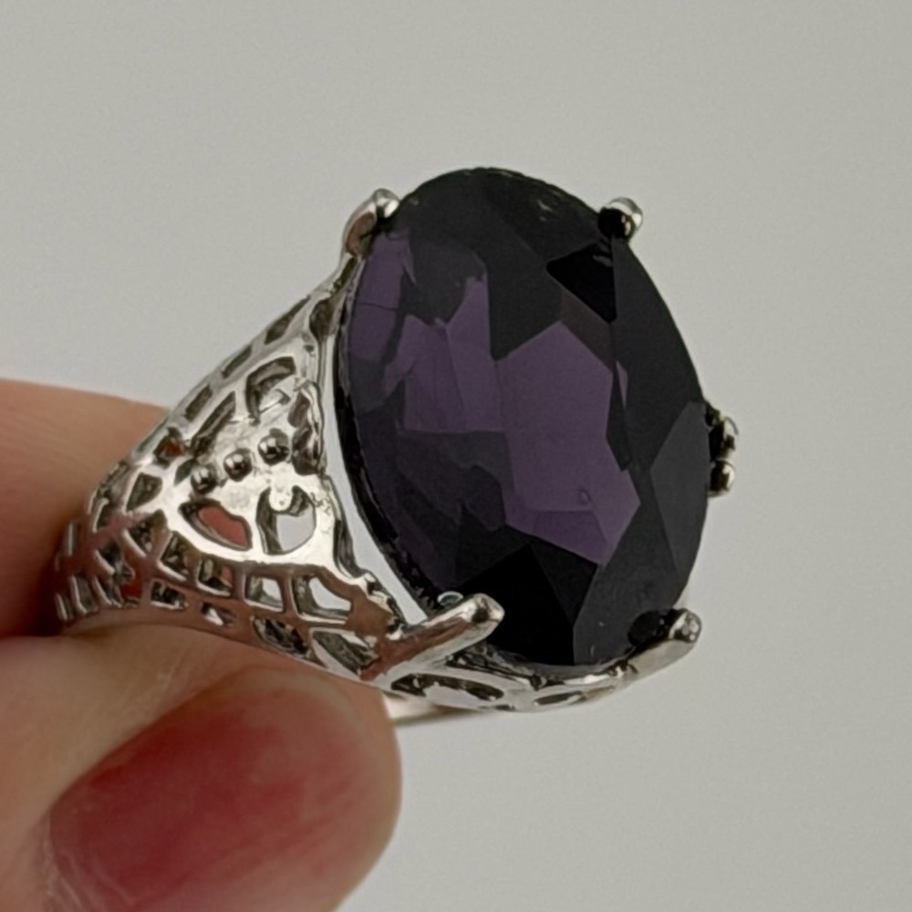 Cocktail Ring Size 7.5 Purple Amethyst Oval Filigree 925 Sterling Silver Gothic